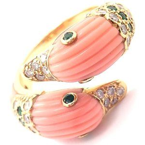 Authentic Van Cleef & Arpels Two Ducks 18k Yellow Gold Coral Diamond Ring Paper